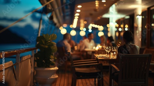 Elegant oceanside dining on a yacht embraces the ambient glow of evening, as guests enjoy an intimate gathering under warm string lights.