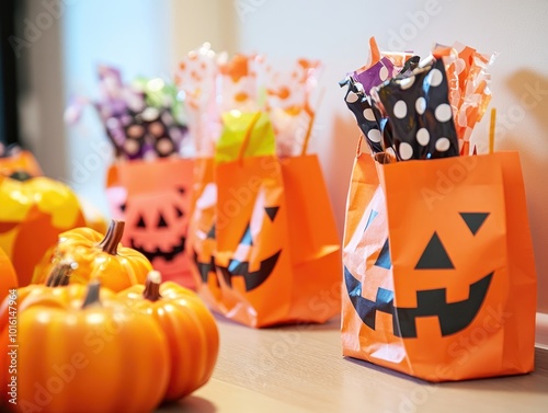 Festive treats in decorative bags ready for children s trick or treating photo