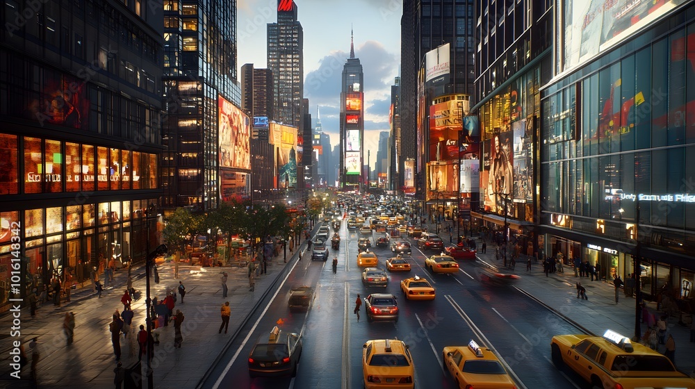 Fototapeta premium Bustling city scene with traffic and bright advertisements.