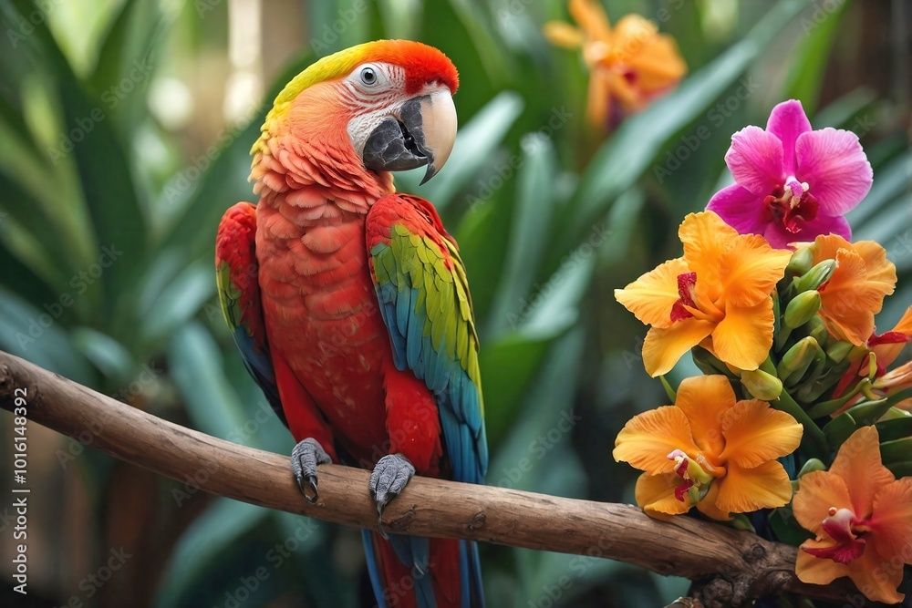 Obraz premium Parrot on a Branch Surrounded by Exotic Flowers