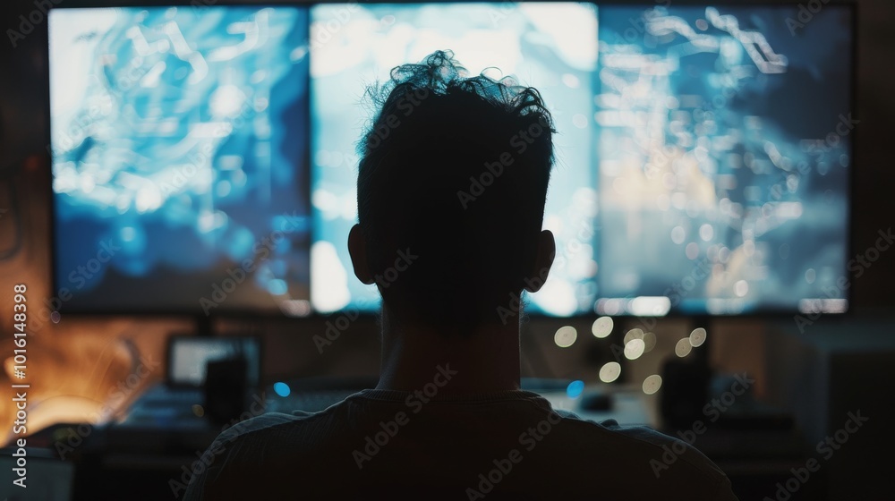 Silhouetted figure focused on multiple digital screens filled with dynamic ocean imagery, suggesting introspection and high-tech immersion. Silhouetted figure focused on multiple digital screens filled with dynamic ocean imagery, suggesting introspection and high-tech immersion.
