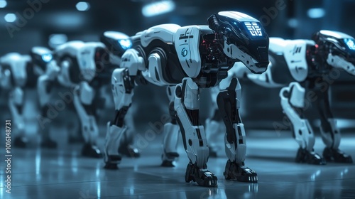 A group of robotic dogs patrolling a military base in the future, sleek and agile designs