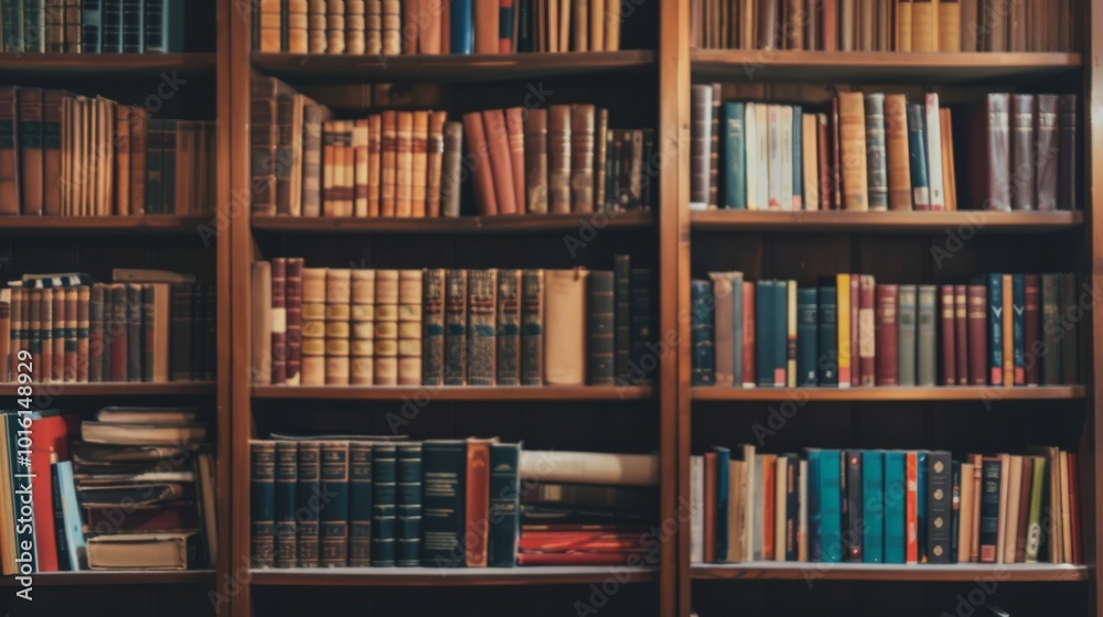 Rows of books line wooden shelves, capturing the charm and wisdom of a classic library setting. Rows of books line wooden shelves, capturing the charm and wisdom of a classic library setting.