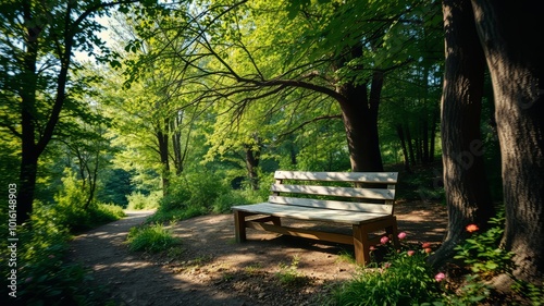 Serene Aerial View of a Wooded Park Bench Amidst Lush Greenery for Nature Lovers