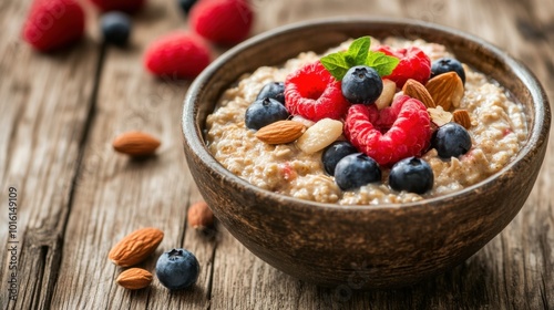 A rustic breakfast scene with a bowl of oatmeal topped with fresh fruit and nuts, set against a weathered wooden backdrop with ample space for text.