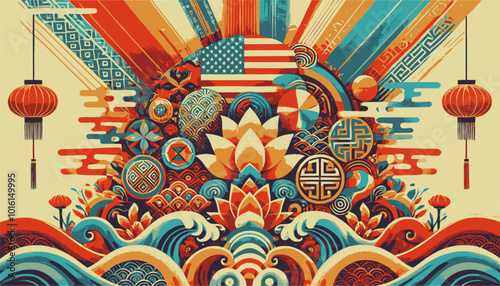 Topical colors / asian patterns, for Asian American and Native Hawaiian heritage / Pacific Islander Heritage Month (APAHM) or asian american pacific islander (AAPI) heritage month in may