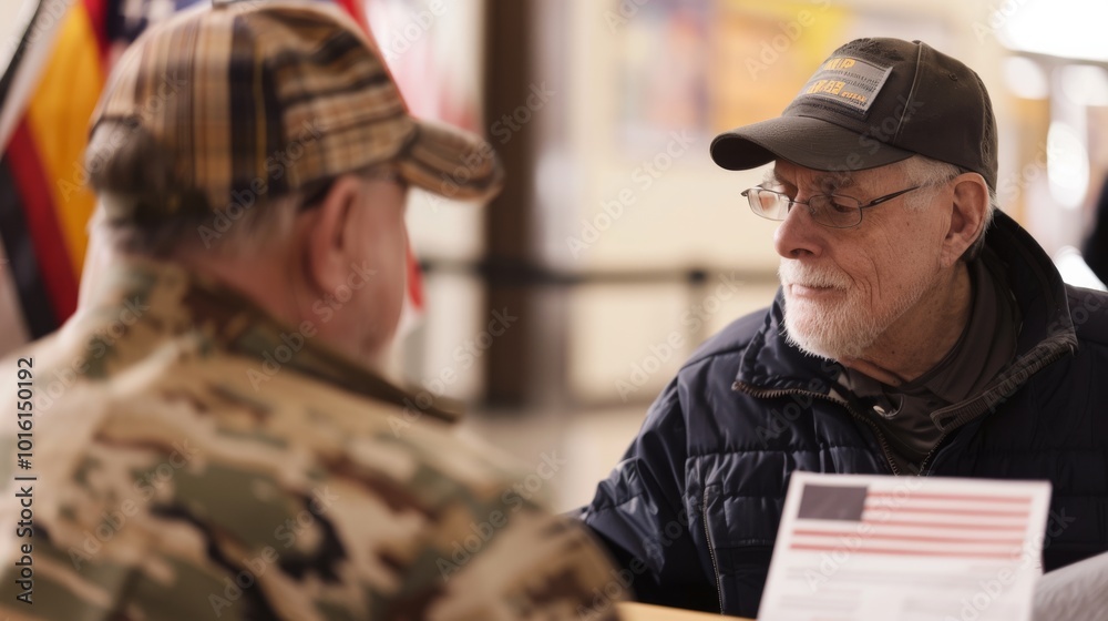 Two elderly veterans engage in conversation, one dressed in camouflage, the other in a navy jacket, symbolizing camaraderie and shared experiences. Two elderly veterans engage in conversation, one dressed in camouflage, the other in a navy jacket, symbolizing camaraderie and shared experiences.