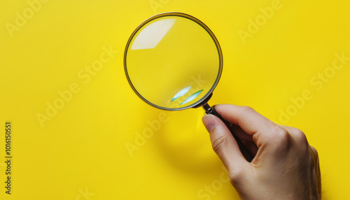 A hand holds a magnifying glass against a bright yellow background, emphasizing clarity and examination.