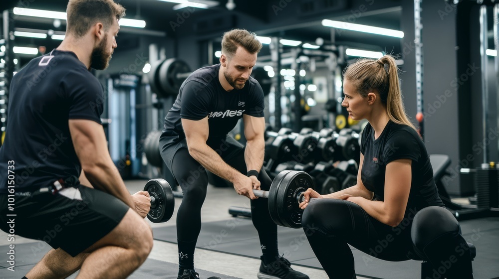 In a sleek gym, three focused athletes collaborate, lifting weights with dedication and precision, exemplifying teamwork in a modern fitness environment. In a sleek gym, three focused athletes collaborate, lifting weights with dedication and precision, exemplifying teamwork in a modern fitness environment.