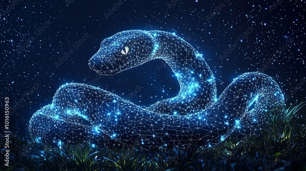 A luminous snake formed by interconnected blue lights glows amid a star-filled night sky, symbolizing mystery, elegance, and the interplay of nature and technology. A luminous snake formed by interconnected blue lights glows amid a star-filled night sky, symbolizing mystery, elegance, and the interplay of nature and technology.