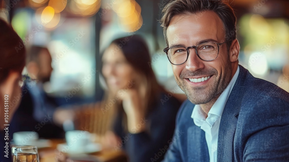 Confident Businessman Engaging with Clients in Café Confident Businessman Engaging with Clients in Café