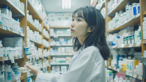 A poised individual stands amidst pharmacy shelves, scanning the rows of medication, ready to help customers with their precise health needs.