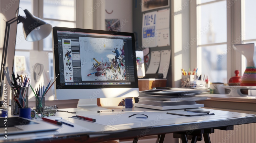 A bright artist's studio with a computer displaying digital artwork, surrounded by stacks of papers and art supplies near a window spilling sunlight. A bright artist's studio with a computer displaying digital artwork, surrounded by stacks of papers and art supplies near a window spilling sunlight.