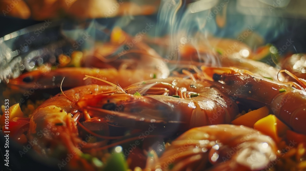 A sizzling pan filled with mouthwatering shrimp and vibrant peppers, steaming with rich, delectable aromas.