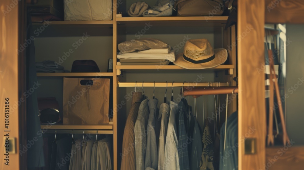 A neatly organized closet brimming with folded shirts, hats, and hanging clothes, evoking a sense of order and a curated wardrobe collection. A neatly organized closet brimming with folded shirts, hats, and hanging clothes, evoking a sense of order and a curated wardrobe collection.