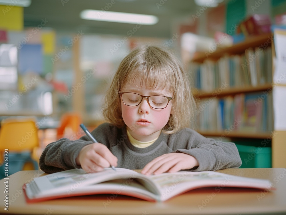 Young girl focused on writing in a book. Young girl focused on writing in a book.