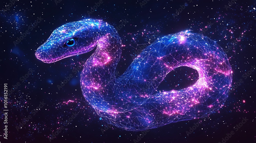 A vibrant illustration of a cosmic snake designed with vivid neon and pink hues, set against a star-speckled background, symbolizing futuristic art and creativity.