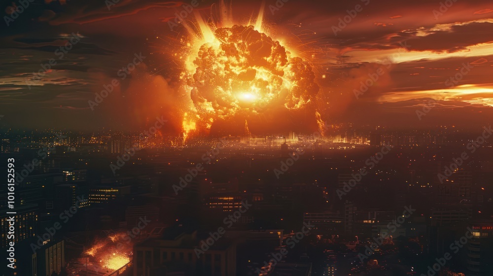 A Massive Explosion Over a City at Night