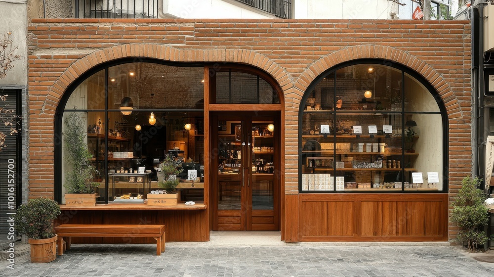 A brick building with a large arched window and a bench outside A brick building with a large arched window and a bench outside