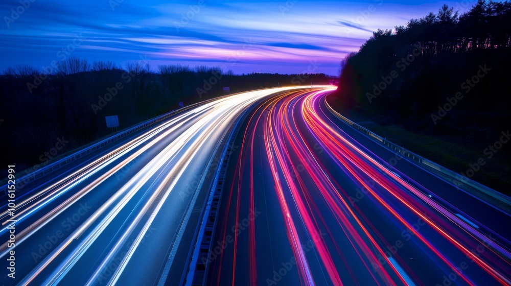 As night falls, vibrant streaks of car lights illuminate the winding highway, painting a mesmerizing picture of movement and time. As night falls, vibrant streaks of car lights illuminate the winding highway, painting a mesmerizing picture of movement and time.