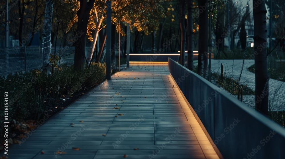 Fototapeta premium A serene pathway, illuminated by warm street lights, winds through a quiet park, lined with trees shedding their autumn leaves.