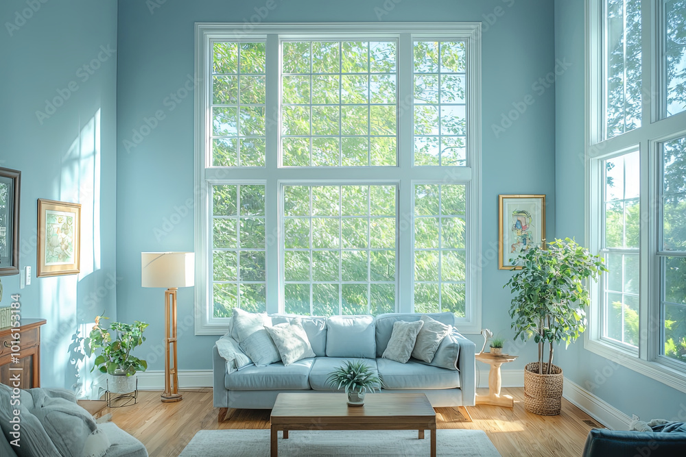 Cozy living room with soft blue walls, large windows, and natural light creating serene atmosphere. space features comfortable sofa, plants, and wooden accents Cozy living room with soft blue walls, large windows, and natural light creating serene atmosphere. space features comfortable sofa, plants, and wooden accents