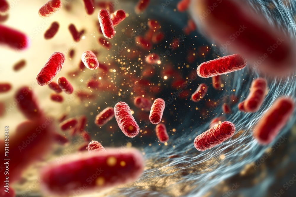 Red Microbes The image depicts vivid red bacteria as they navigate through a dynamic ...