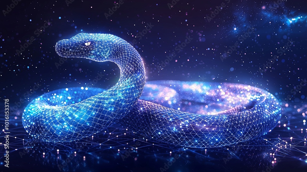 A mesmerizing luminescent snake curls elegantly within a complex digital web, combining the captivating power of nature with innovative artistry and technological finesse. A mesmerizing luminescent snake curls elegantly within a complex digital web, combining the captivating power of nature with innovative artistry and technological finesse.