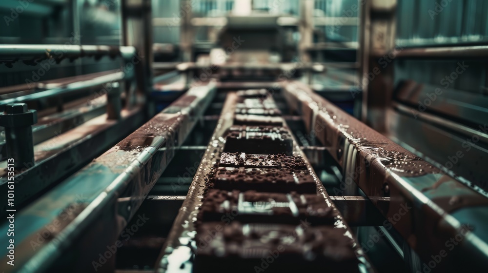Rows of chocolate bars move along a production line, glistening with rich wet chocolate, capturing the indulgence of sweet manufacturing. Rows of chocolate bars move along a production line, glistening with rich wet chocolate, capturing the indulgence of sweet manufacturing.