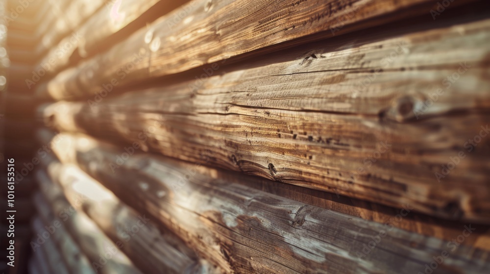 Fototapeta premium Warm sunlight filters through the slats, casting gentle shadows on the smooth wooden surface, creating a serene and inviting atmosphere.