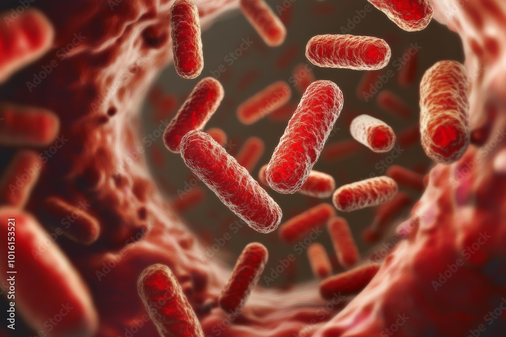 Fototapeta premium Microscopic red bacteria swirling through a biological tunnel, highlighting their detailed textures and integral role in the microscopic ecosystem of life.