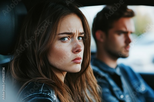 A woman inside a car casts a suspicious glance at the man sitting beside her, encapsulating an atmosphere of tension and unresolved emotions within the vehicle. photo