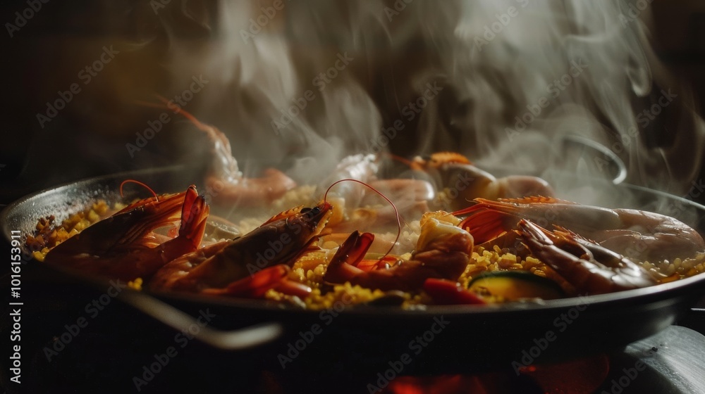 Simmering paella in a pan with steam rising, filled with succulent shrimp and colorful vegetables, capturing a delicious culinary scene. Simmering paella in a pan with steam rising, filled with succulent shrimp and colorful vegetables, capturing a delicious culinary scene.