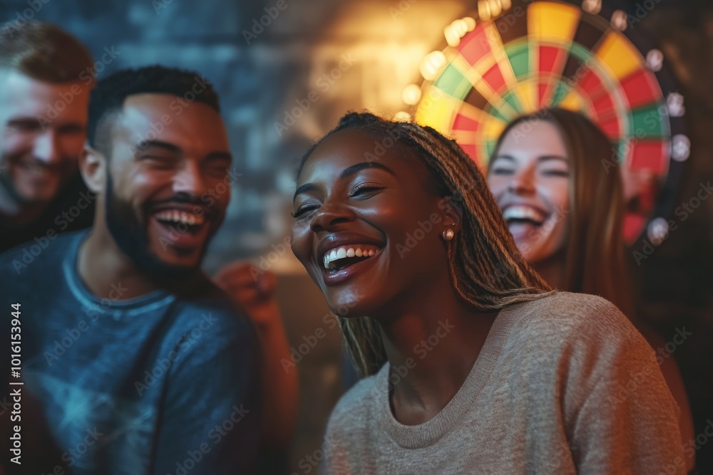 A cheerful group of friends bonding over laughter, surrounded by a vibrant setting and a distinctive dartboard, embodying warm companionship and entertainment. A cheerful group of friends bonding over laughter, surrounded by a vibrant setting and a distinctive dartboard, embodying warm companionship and entertainment.