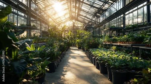 Sunlight Floods a Greenhouse Filled with Lush Plants