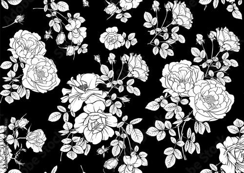 Rose flowers, Seamless pattern, background. Vector illustration. Outline hand drawing.