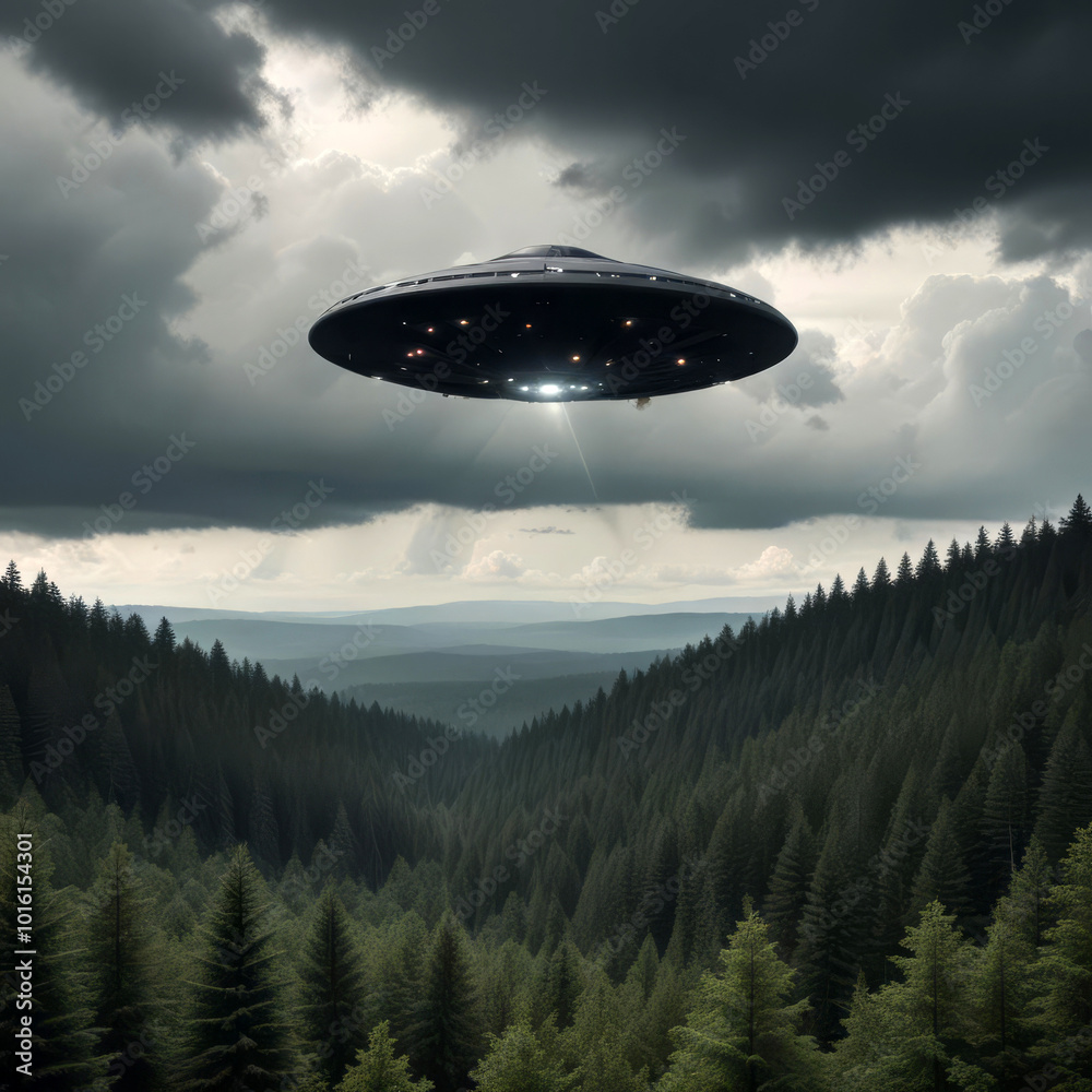 Fototapeta premium Realistic image of a flying unidentified object over a gray forest