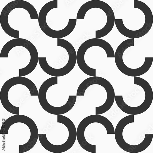 Abstract geometric vector seamless pattern. Three quarter circles repeating pattern. Flat design pattern. Geometric black and white vector seamless background. Simple geometric shapes pattern.