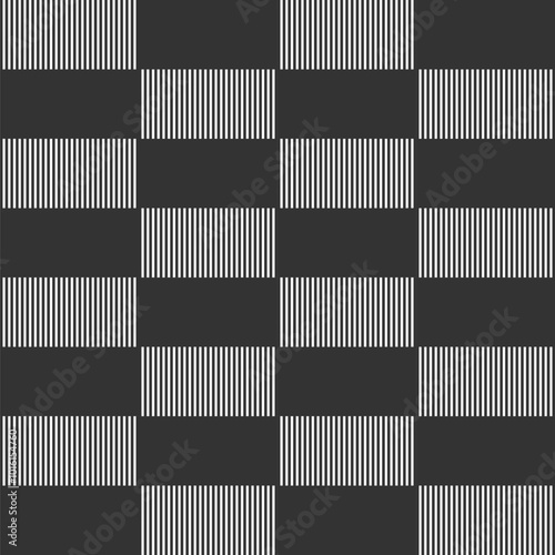 Seamless vector checkered pattern with filled and striped rectangle tiles. Flat design background. Black and white geometrical pattern. Stylish vector background.