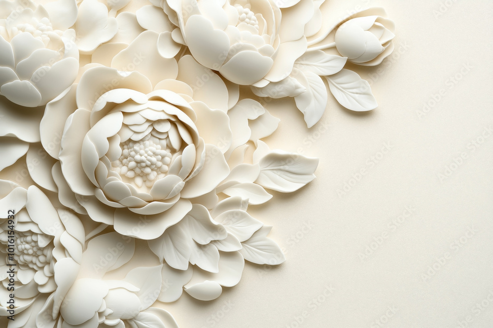 Intricate white paper flowers and leaves arranged on a light background, showcasing delicate and detailed craftsmanship in floral art and design. Intricate white paper flowers and leaves arranged on a light background, showcasing delicate and detailed craftsmanship in floral art and design.
