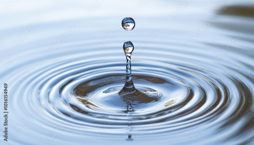 Single Water Droplet Creating Concentric Circular Ripples on a Tranquil Deep Blue Liquid Surface