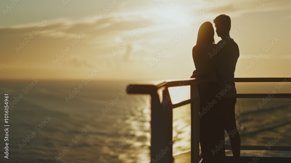 Obraz premium A couple stands on a deck, silhouetted by a golden sunset over the vast ocean, embodying love and serenity.