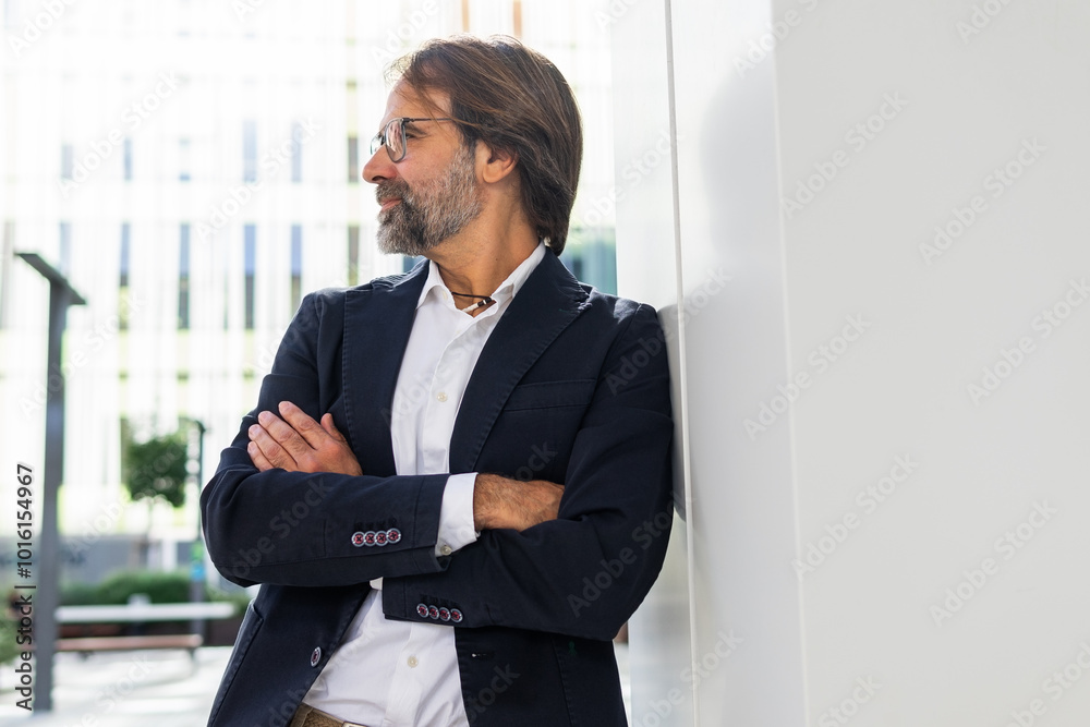 Confident businessman standing outside a modern building Confident businessman standing outside a modern building