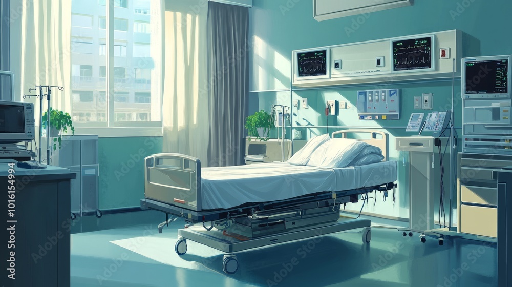 Detailed illustration of a modern hospital room featuring advanced medical equipment, a comfortable patient bed, and a soothing color palette Detailed illustration of a modern hospital room featuring advanced medical equipment, a comfortable patient bed, and a soothing color palette