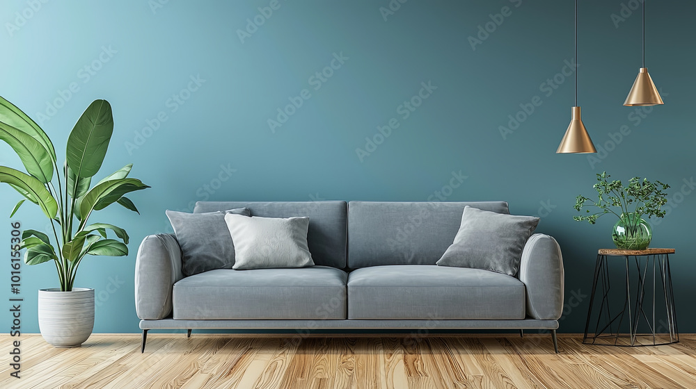 Elegant living room with soft blue accents, featuring modern sofa, decorative plants, and stylish lighting. serene atmosphere invites relaxation and comfort Elegant living room with soft blue accents, featuring modern sofa, decorative plants, and stylish lighting. serene atmosphere invites relaxation and comfort