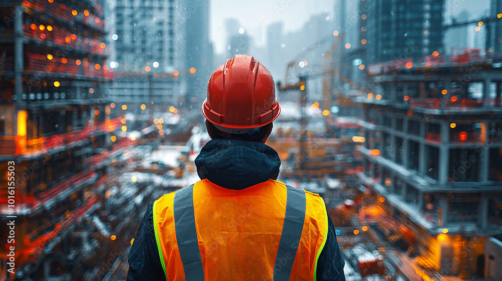 A construction engineer wearing safety gear and a hard hat, inspecting heavy machinery at an urban development site. The backdrop features a cityscape, emphasizing the integration of modern A construction engineer wearing safety gear and a hard hat, inspecting heavy machinery at an urban development site. The backdrop features a cityscape, emphasizing the integration of modern