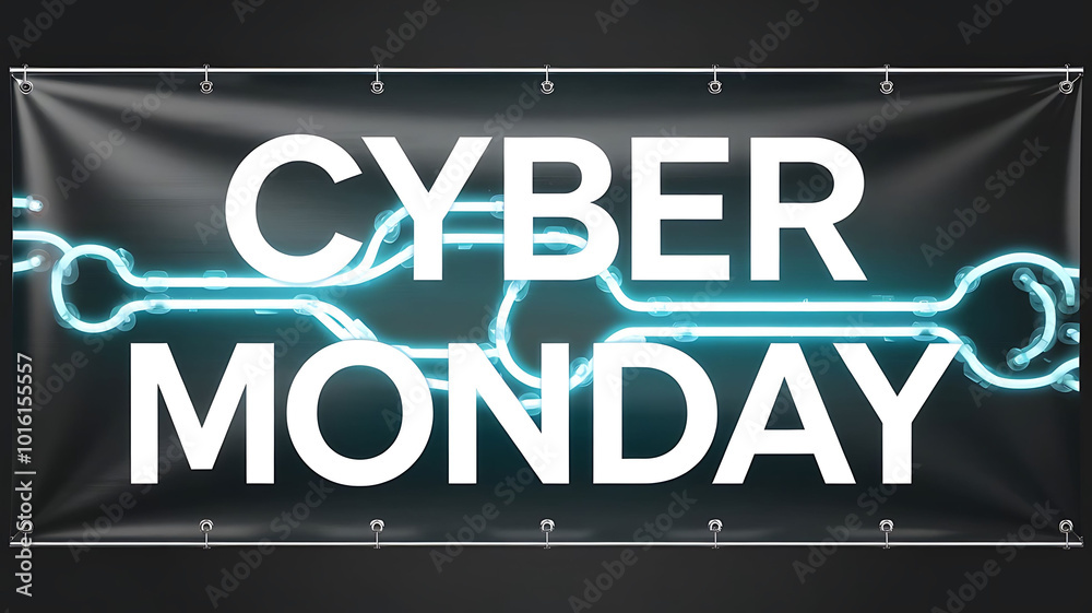 A banner with text Cyber Monday with neon sign light on dark background, 3D illustration A banner with text Cyber Monday with neon sign light on dark background, 3D illustration