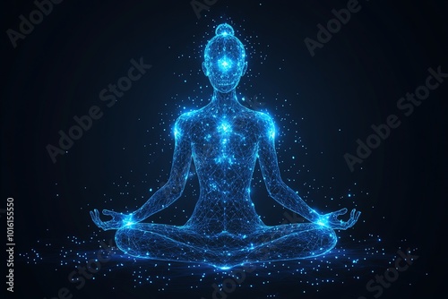 A glowing blue digital representation of a woman meditating in the lotus position. photo