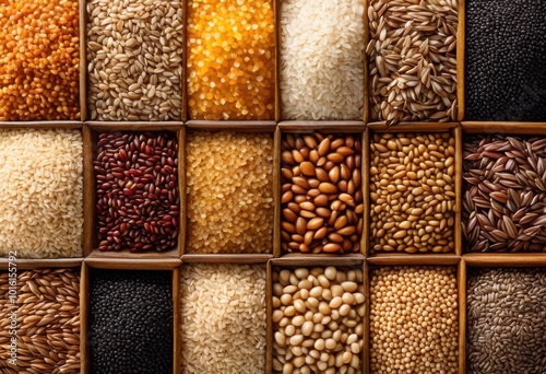 close view tantalizing assorted grains natural light background highlighting unique patterns culinary inspiration, seed, wheat, rice, barley, oat, quinoa