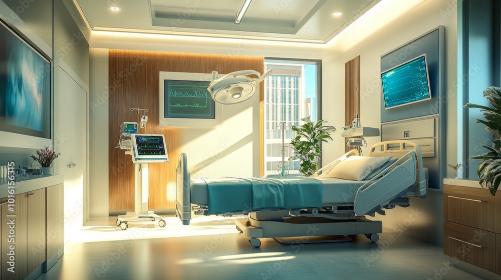 Illustration of a sleek hospital room with innovative medical devices, a comfortable patient bed, and a bright, calming decor Illustration of a sleek hospital room with innovative medical devices, a comfortable patient bed, and a bright, calming decor
